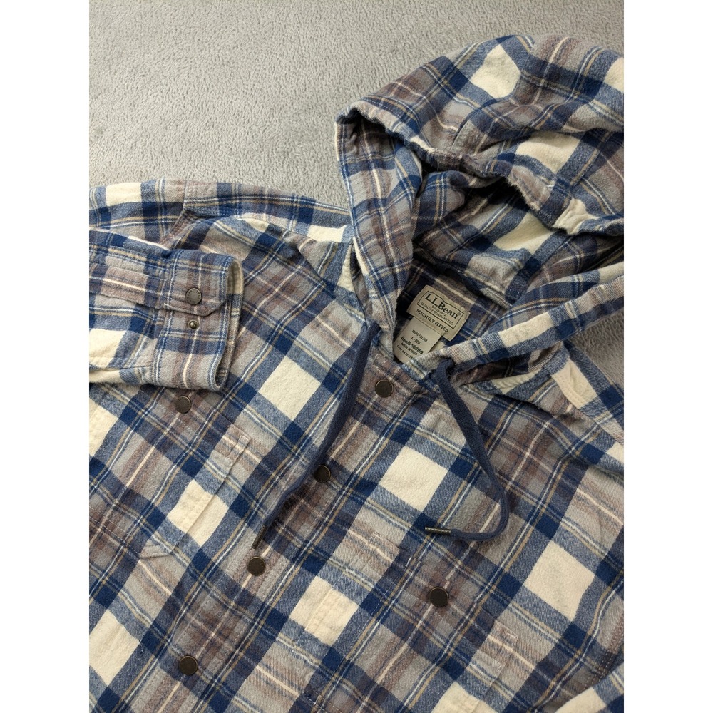 LL Bean Hooded Flannel Shirt Womens Large Blue Plaid Cotton Button Up 508169 - Picture 1 of 11